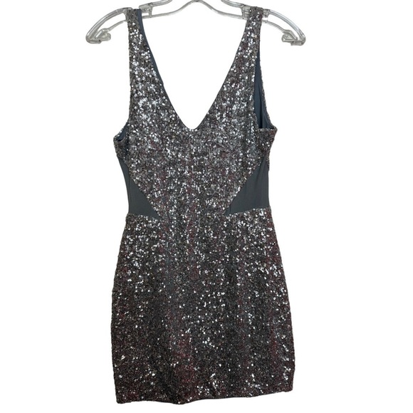 Bebe Silver Sequin Bodycon Sleeveless Mini Dress with Mesh Cutouts - Picture 3 of 14